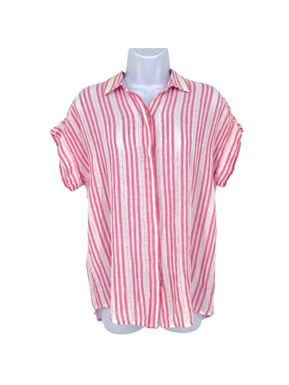 Rails Jamie Kokomo Stripe Linen Blend Short Sleeve Blouse Pink White Size Small